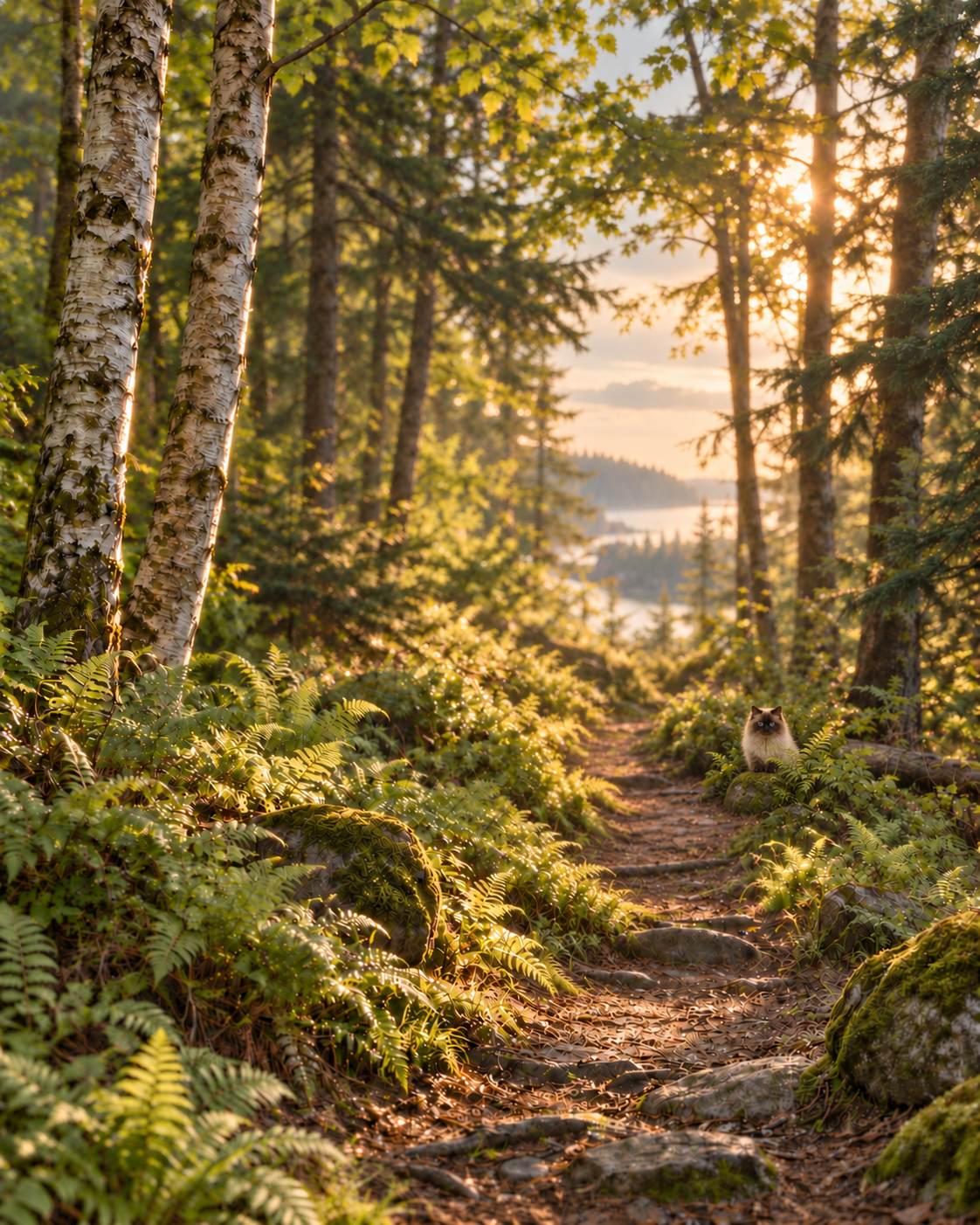 A softly lit woodland path with a small Himalayan cat tucked into the distant foliage